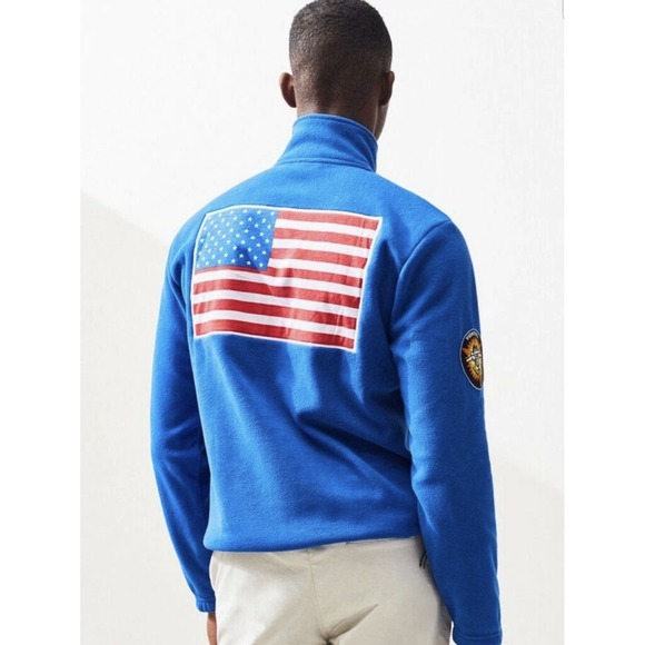 Chemistry Men's Sz L Blue NASA USA Flag Sleeve Patches 1/4 Zip Fleece Sweater - Picture 3 of 11
